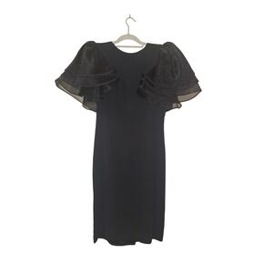 Vintage 80s Made USA Black Puff Ruffle Sleeve Size 10 Fitted Rhinestone Dress